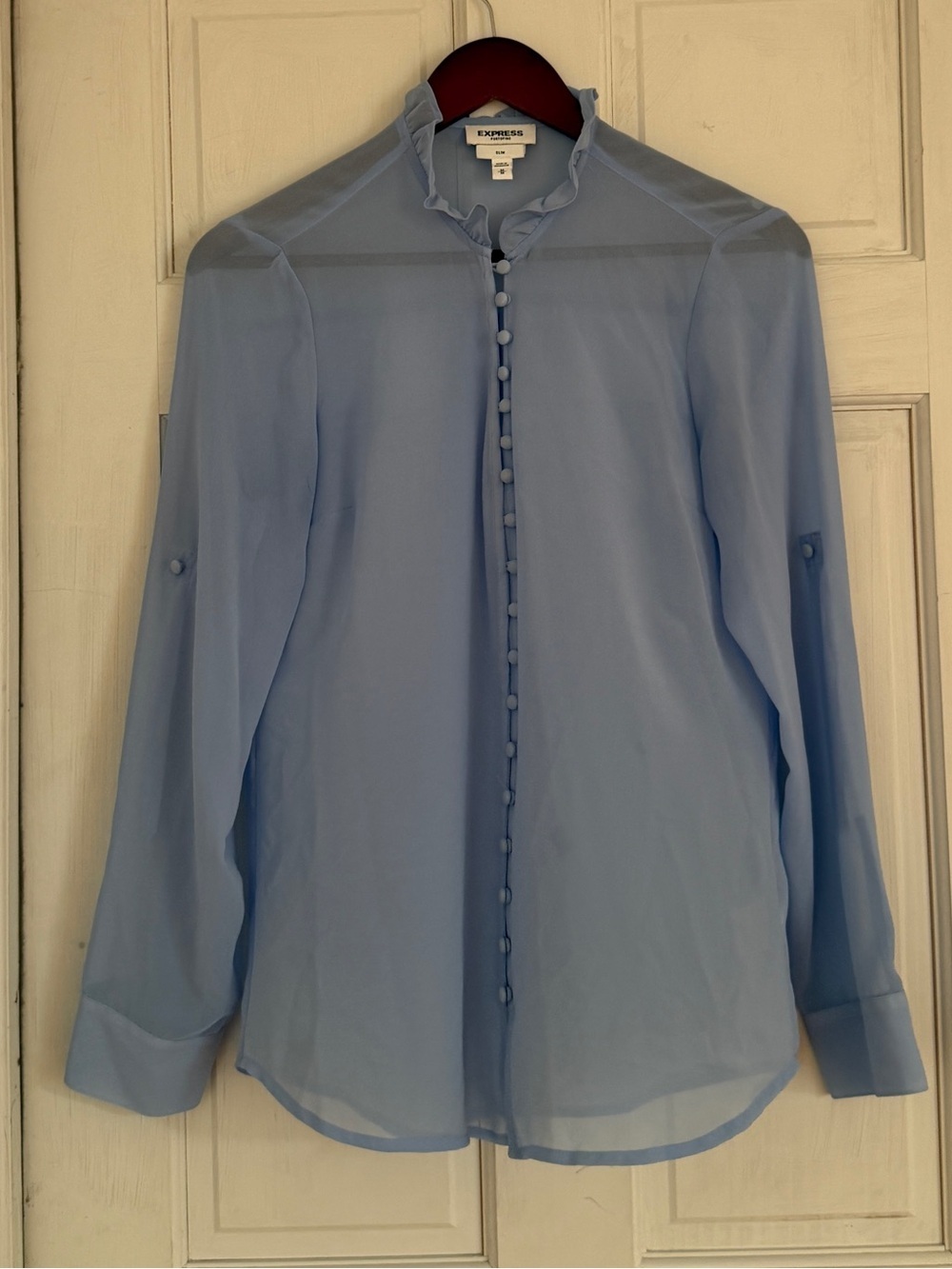 EXPRESS Women’s Light Blue Portofino Slim Ruffle Collar Long Sleeve Button Top